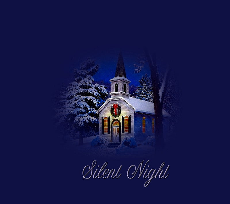 silent night, christmas, church, music, snow, song, tree, wreath, HD wallpaper