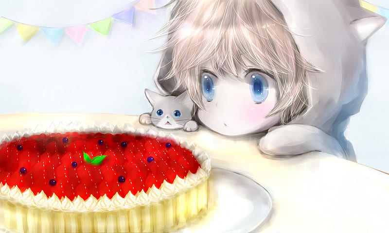 Yummy Pie, male, food, cg, kitty, cat, cute, boy, kawaii, 3d, anime, pie, kitten, realistic, cream, HD wallpaper