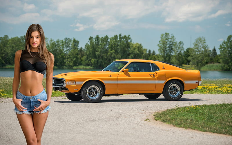 Maria Ryabushkina and a '69 Mustang Shelby GT500, mustang, blonde, model, car, HD wallpaper