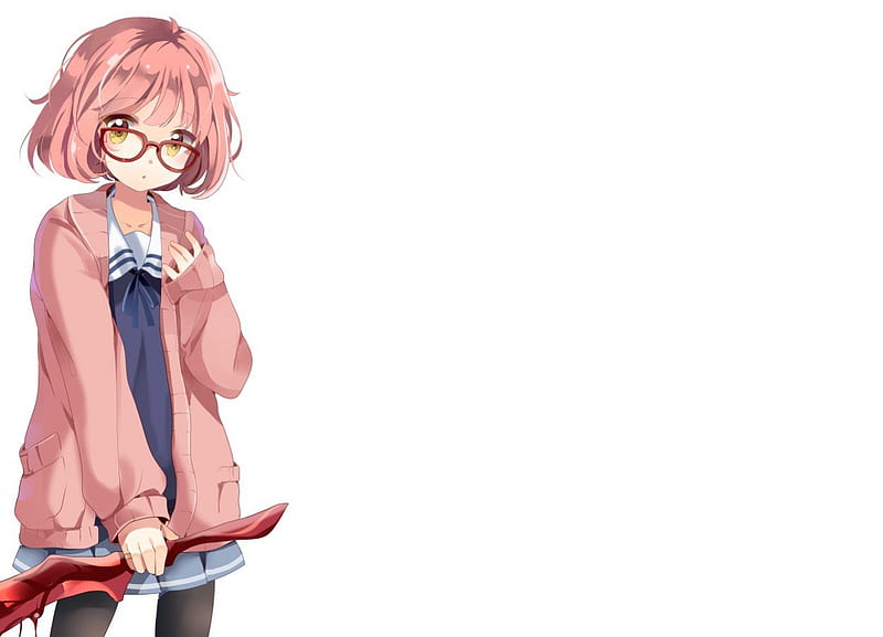 Kuriyama Mirai, glasses, yellow eyes, blood, kyoukai no kanata, short hair, anime, pink hair, sword, HD wallpaper