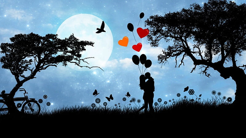 Lovers, red, black, valentine, silhouette, tree, balloon, fantasy, moon, bired, couple, blue, night, HD wallpaper