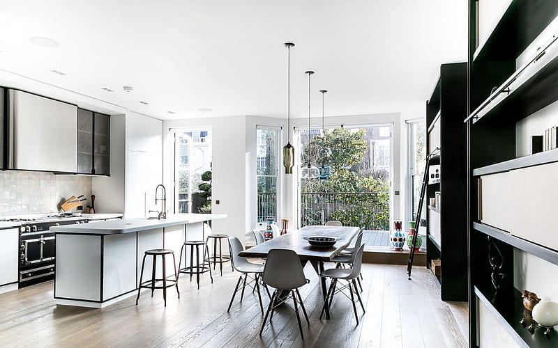 stylish kitchen interior, dining room, white-black kitchen, modern interior design, HD wallpaper