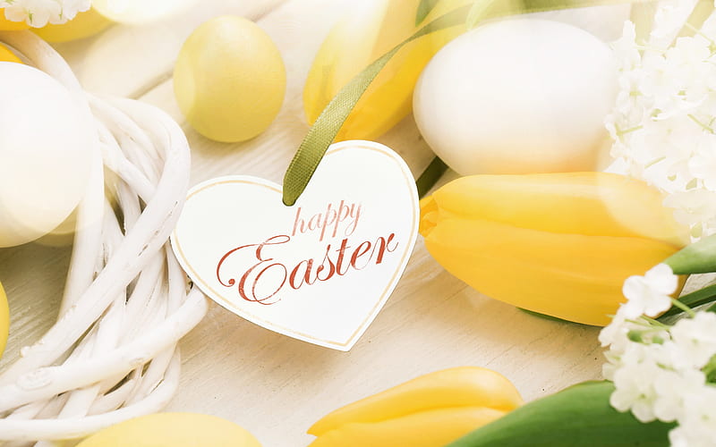 Happy Easter, yellow tulips, decorated eggs, Easter, nest, HD wallpaper