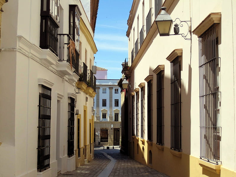 Andalucia, architecture, house, houses, sky, clouds, doors, spain, windows, street, blue, HD wallpaper