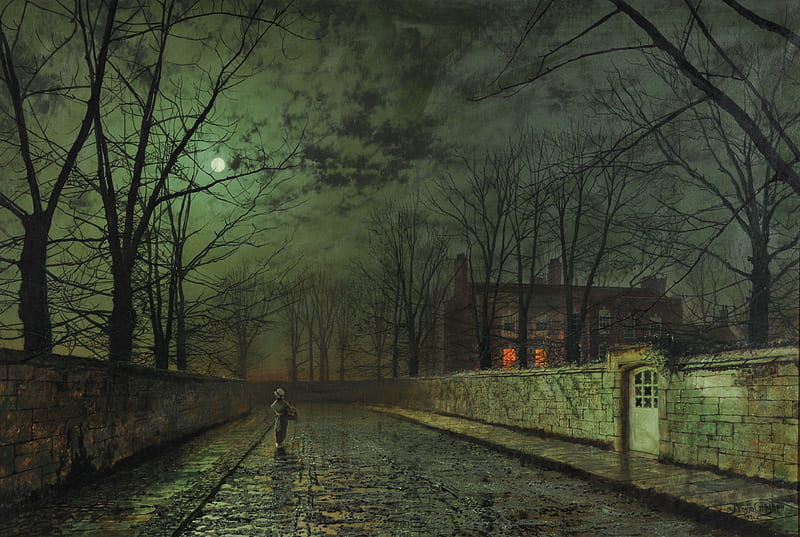 Moonlight after Rain, moonlight, paintings, street, night, HD wallpaper