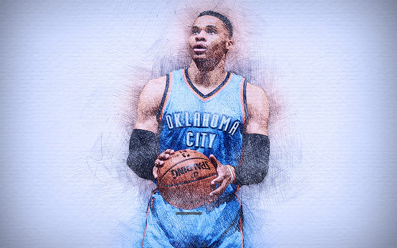 Russell Westbrook artwork, basketball stars, Oklahoma City Thunder, NBA, basketball, OKC, drawing Westbrook, HD wallpaper