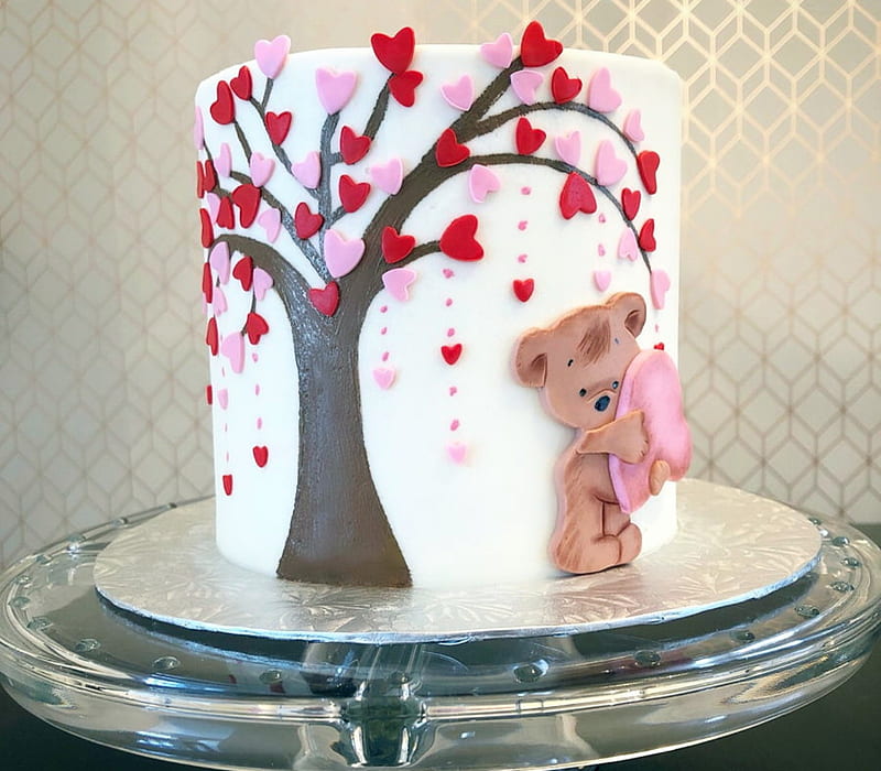 Valentine Cake, Tree, Cake, Teddy Bear, Red, corazones, Valentine, HD wallpaper
