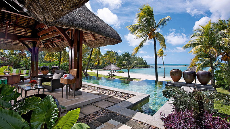 Resort in Mauritius, resort, Mauritius, pool, palms, HD wallpaper