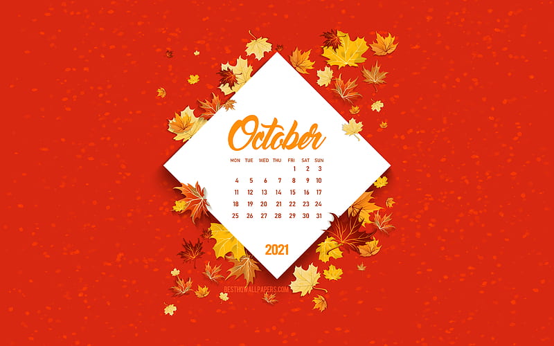 2021 October Calendar, red autumn background, autumn 2021, October 2021 Calendar, autumn, 2021, October, autumn leaves, HD wallpaper