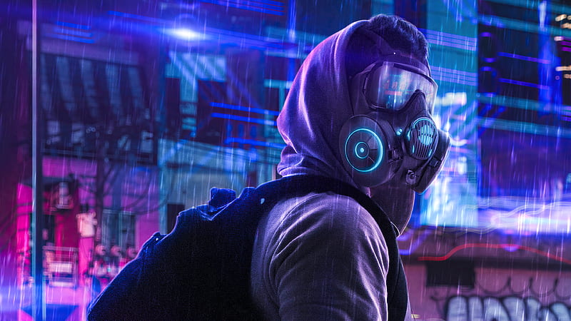 Toxic Mask Boy , anonymus, mask, artist, artwork, digital-art, neon, cyberpunk, HD wallpaper