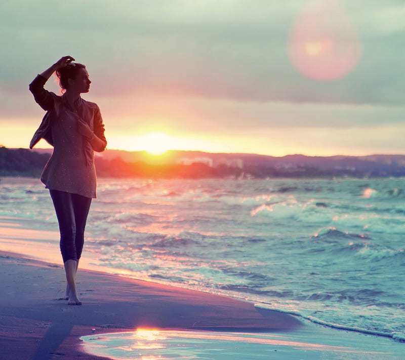 Sunset Walk By Beach, girl, red, sand, sea, sun, water, HD wallpaper