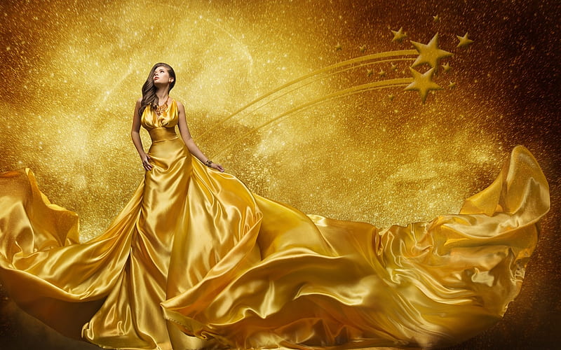 Golden Beauty, stars, lovely, ethereal, gown, Beautif, golden, Female, splendor, femininity, Woman, HD wallpaper