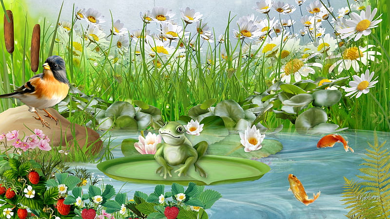 Frog Pond, Firefox theme, lily pad, fish, spring, pond, frog, green, bird, strawberries, summer, flowers, HD wallpaper