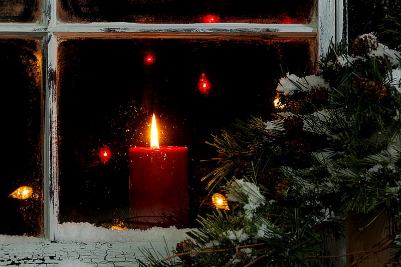 Glowing Christmas Candle Frosted Window, Glowing, Candle, Christmas, window, Frosted, Snow, Bush, HD wallpaper