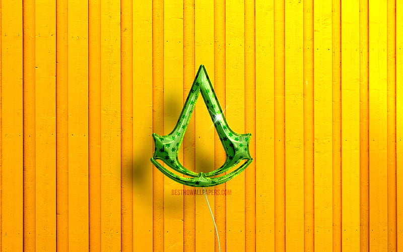 Assassins Creed 3D logo green realistic balloons, yellow wooden backgrounds, games brands, Assassins Creed logo, Assassins Creed, HD wallpaper