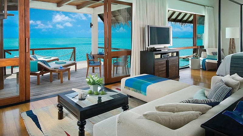 Inside of Water Bungalow Four Seasons Maldives, resort, hut, reef, sun, sea, atoll, beach, private, lagoon, sand, room, luxury, hotel, holiday, Maldives, ocean, paradise, island, water bungalow, tropical, HD wallpaper