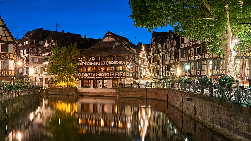 Building Canal France House Night Strasbourg With Reflection Travel, HD wallpaper