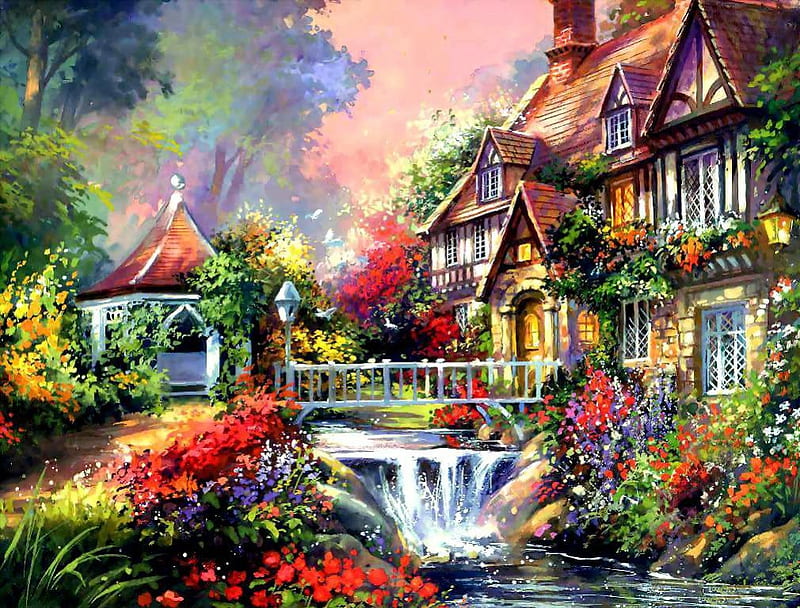 Casa y jardín, casas, pintura, flores, cascada, arroyo, paisaje, Fondo de  pantalla HD | Peakpx