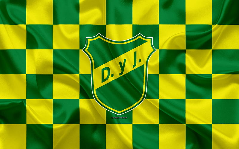 Defensa y Justicia logo, creative art, yellow green checkered flag, Argentinian football club, Argentine Superleague, Primera Division, emblem, silk texture, Florencio-Varela, Argentina, football, HD wallpaper