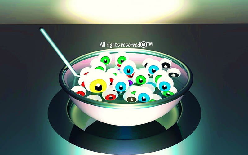 Tasty Eye Ball Soup, sauce, soups, colors, eat, bowls, lights, 3D, spoons, tasty, lens, eyes, HD wallpaper