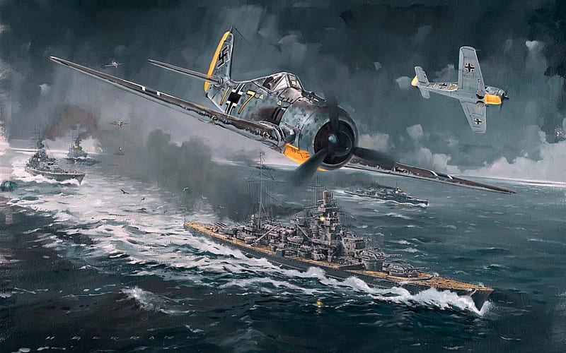 WWII Warplane Scene, Battleship, German, Planes, WWII, HD wallpaper