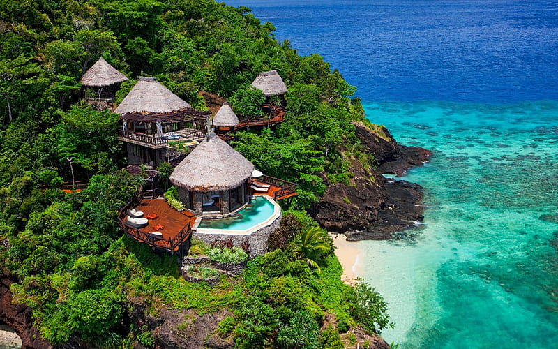 Resort in Fiji, Laucala Island, tropical island, ocean, palms, hotel, swimming pools, vacation, Fiji, HD wallpaper