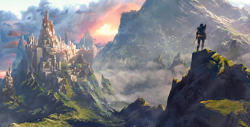 White Castle, art, lovely, bonito, abstract, valley, fantasy, mountains, castle, landscape, knight, HD wallpaper