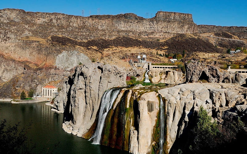 wonderful dam and power station, waterfall, power station, cliff, dam, lake, HD wallpaper