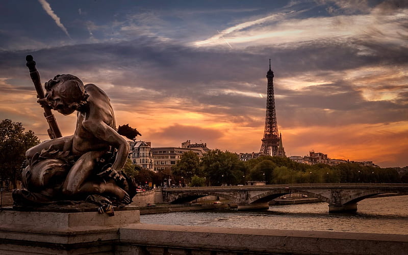 Seine River, Paris, Eiffel Tower, Evening, sunset, Pont Alexandre III, France, HD wallpaper