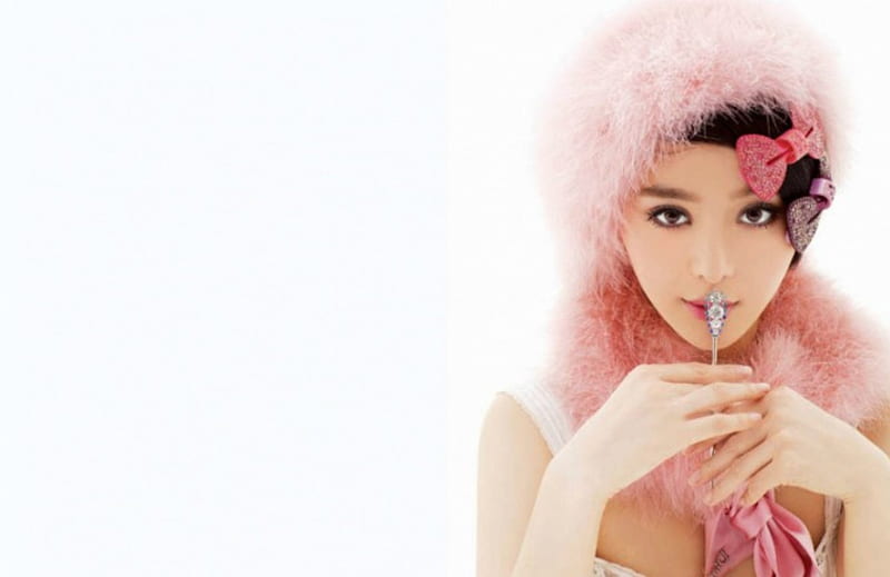 Fan Bingbing, model, bow, woman, winter, hat, girl, beauty, white, pink, fur, HD wallpaper
