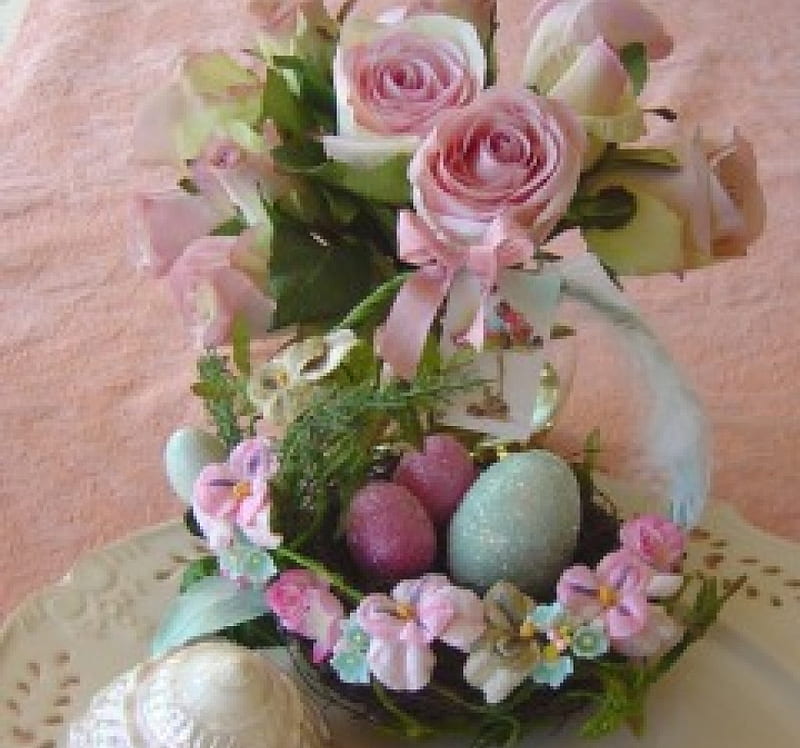 Easter eggs and roses, still life, flowers, Easter eggs, pink roses, HD