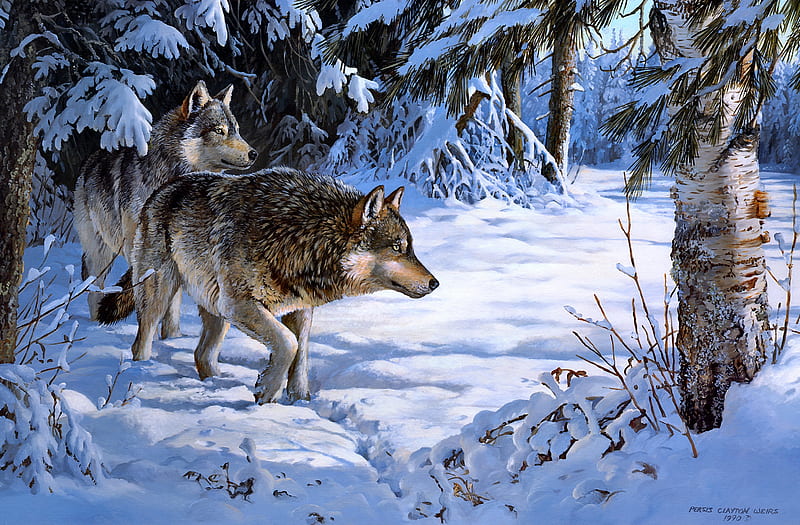 Wolves, art, persis clayton weirs, lup, painting, wolf, pictura, iarna, winter, HD wallpaper