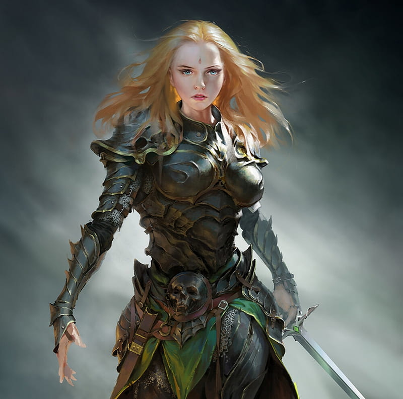 Warrior girl by Dexiong Gu, armor, art, warrior, fantasy, girl, blonde, sword, dexiong gu, frumusete, HD wallpaper