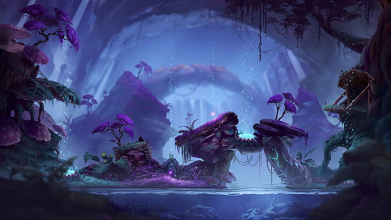 Fantasy world, world, forest, fantasy, water, purple, mushroom, andrew palyanov, blue, luminos, HD wallpaper