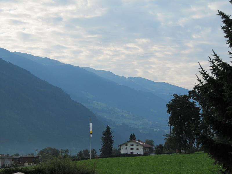 Zillertal Austria, house, clouds, blue, mountains, HD wallpaper