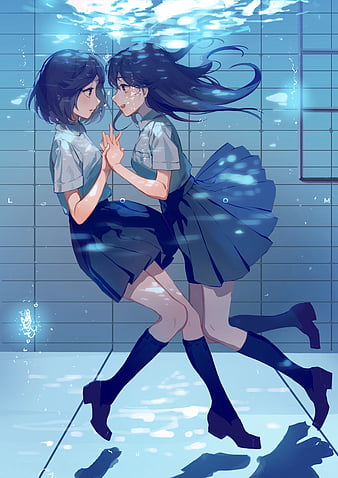 Mobile wallpaper: Anime, Kiss, Blue Eyes, Original, School Uniform, Yuri,  1365806 download the picture for free.