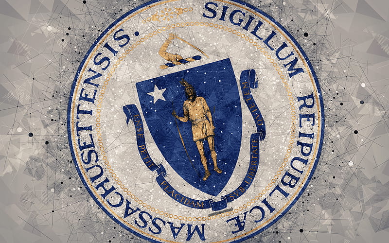Seal of Massachusetts emblem, geometric art, Massachusetts State Seal, American states, gray background, creative art, Massachusetts, USA, state symbols USA, HD wallpaper