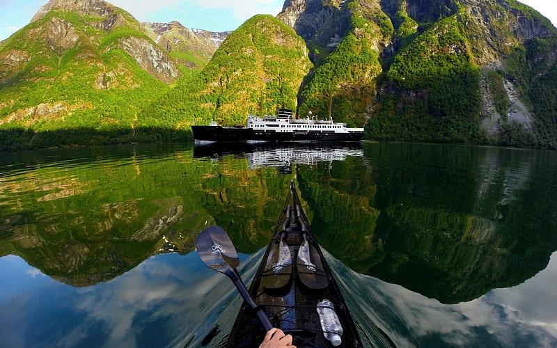 Norway, kayak, mountains, fjord, ship, extreme, HD wallpaper