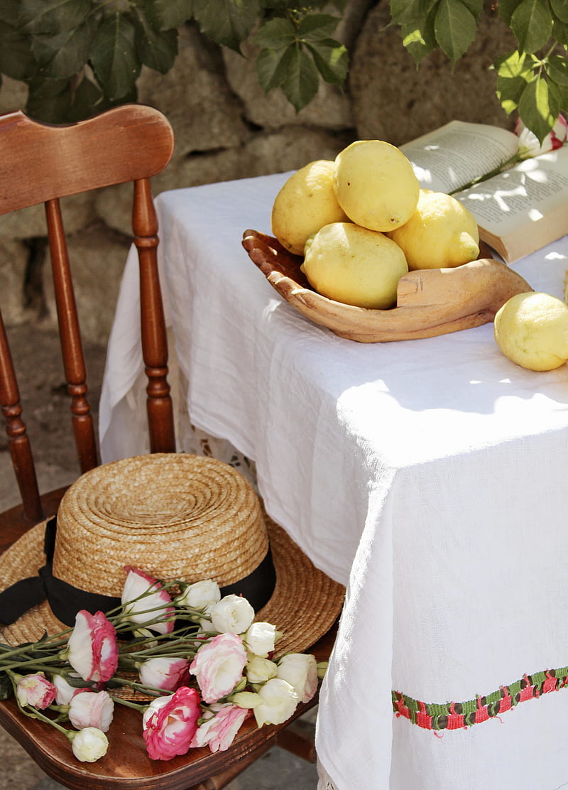 lemons, citruses, flowers, hat, chair, table, HD phone wallpaper
