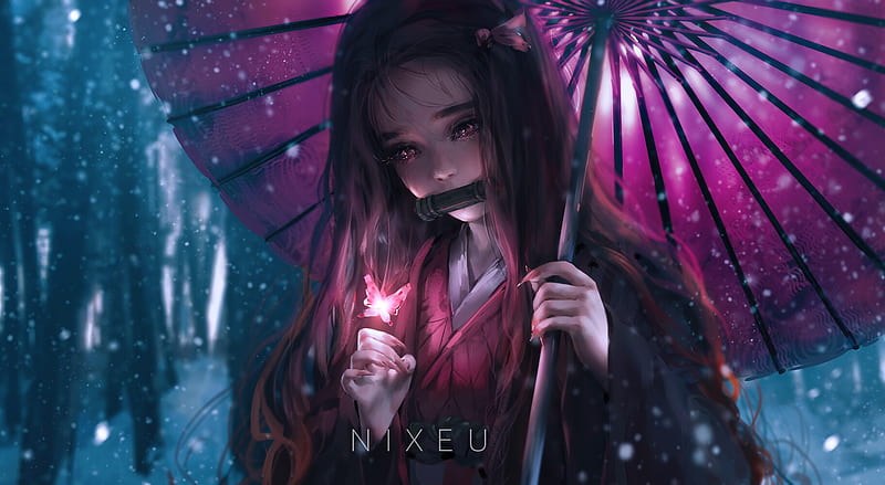 Nezuko, fantasy, nixeu, girl, umbrella, pink, parasol, art, luminos, blue, HD wallpaper