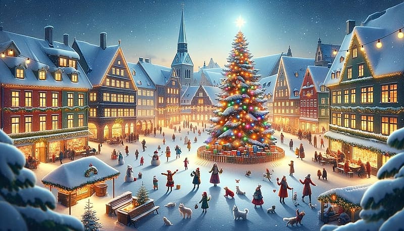 Christmas celebration, ho, dekoraco, unnep, teli, emberek, ujev, varos, diszek, varosi ter, hazak, vilagitas, karacsonyfa, karacsony, kutyak, HD wallpaper