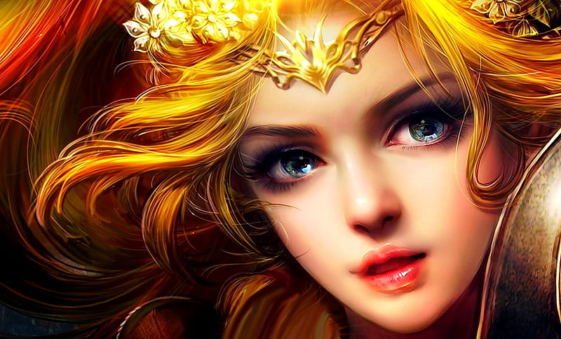 Beauty, frumusete, luminos, golden, game, yellow, woman, perfect world, girl, face, HD wallpaper