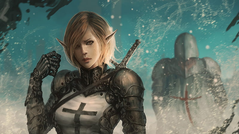 fantasy elf girl, blonde, armor, sword, teary eyes, Fantasy, HD wallpaper