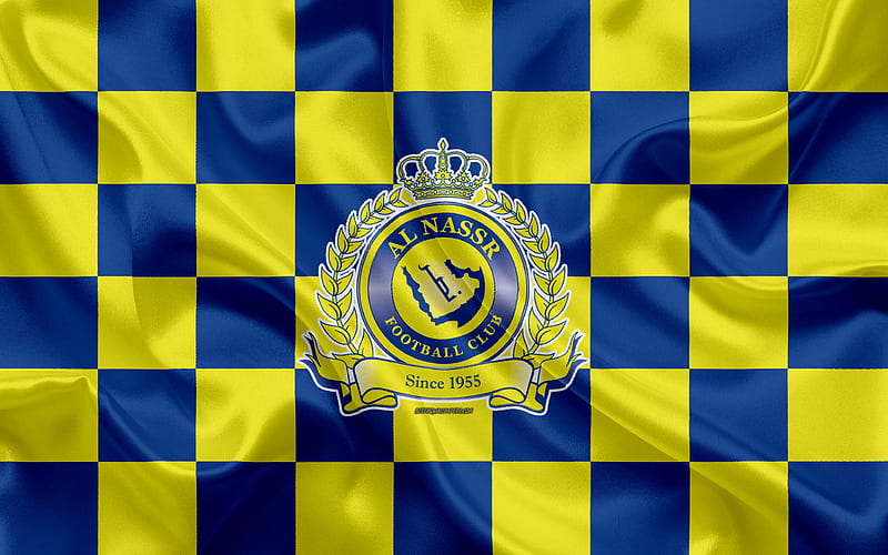 Al-Nassr FC logo, creative art, yellow blue checkered flag, Saudi football club, Saudi Professional League, silk texture, Riyadh, Saudi Arabia, football, HD wallpaper