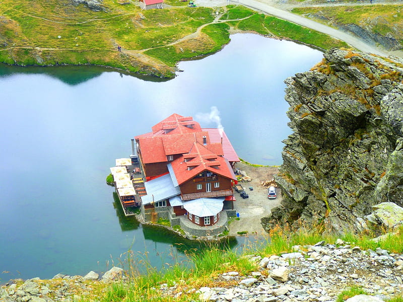 Chalet on lake, mountain, rocks, hotel, chalet, top, lake, HD wallpaper