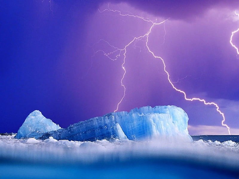 ICE STORM, flashes, streaks, sparks, storms, electricity, sky, forces of nature, icebergs, purple, snow, ice, lighning, blue, HD wallpaper