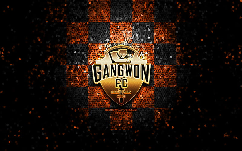 Gangwon FC, glitter logo, J1 League, orange black checkered background, soccer, japanese football club, Gangwon logo, mosaic art, football, Gangwon, HD wallpaper