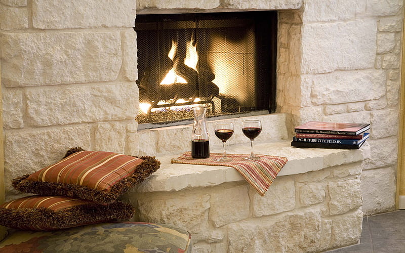 fireplace, architecture, carafe, books, stonework, glasses, bonito, graphy, nice, calm, stone, drink, room, comfortable, romantic, romance, wine, desenho, cushions, decor, fire, glass, cool, peaceful, placemat, pillows, style, HD wallpaper