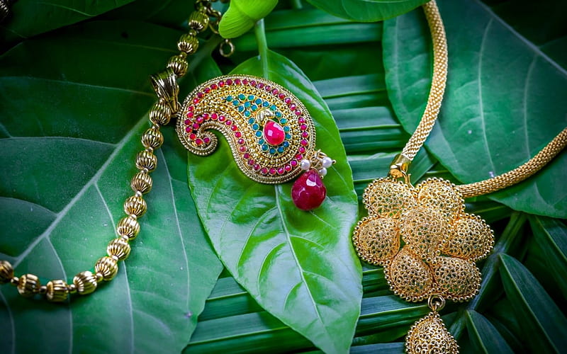 Jewels, necklace, green, golden, pendant, jewel, brooch, pink, leaf, HD wallpaper