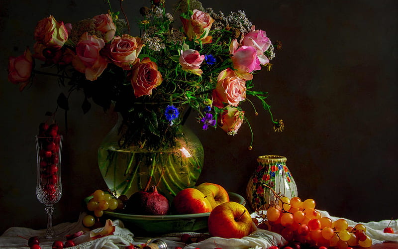 Still life with flowers, Fruits, Flowers, Roses, Vase, HD wallpaper ...